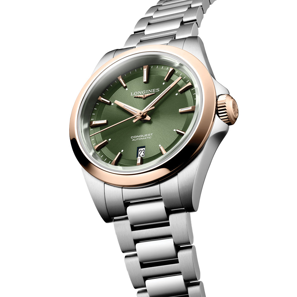 longines Conquest 30mm - Green w/ Pink Gold Bezel on Bracelet