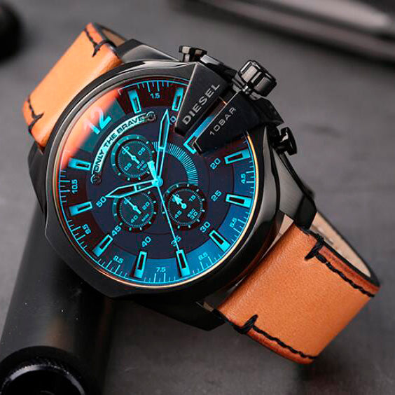 Diesel DZ4476 Mega Chief Chronograph Men's Watch – Black Dial & Brown Leather Strap